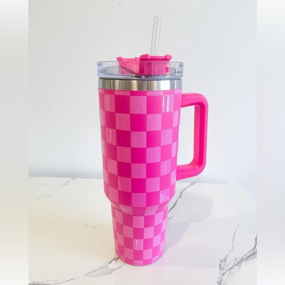 Other - Pink Checkered Insulated Tumbler with Handle and Straw | 40oz Stanley-Style Cup